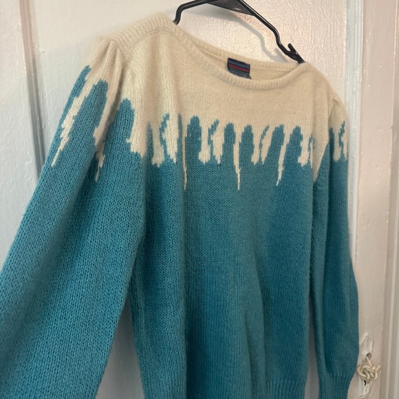 Vtg 80s Mohair Wool Icicle Knit Sweater Turquoise Ice Cream Maximalist Large Fun - Picture 5 of 11